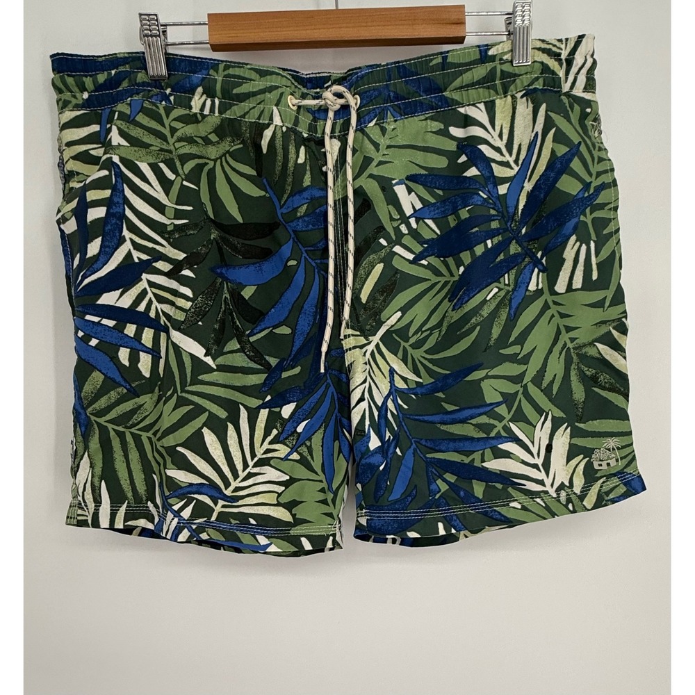 Caribbean Joe Mens Green Blue Palm Leaf Tropical Swim Trunks Mesh Lined Sz M